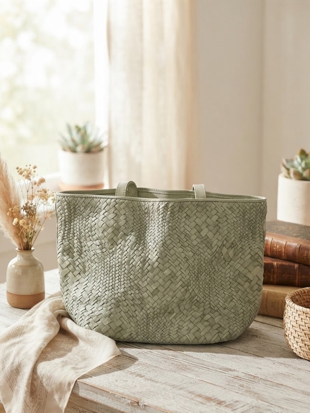 Anthropologie Style Sage Green Woven Leather Medium Tote Bag Boho Chic GUC